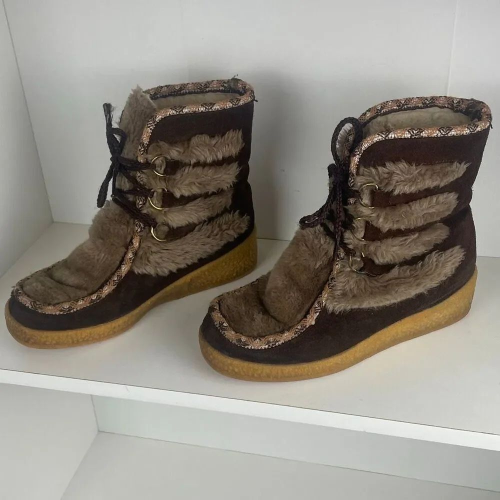 Vintage 70s Yodelers Faux Fur Suede Lace Up Winter Boots 6